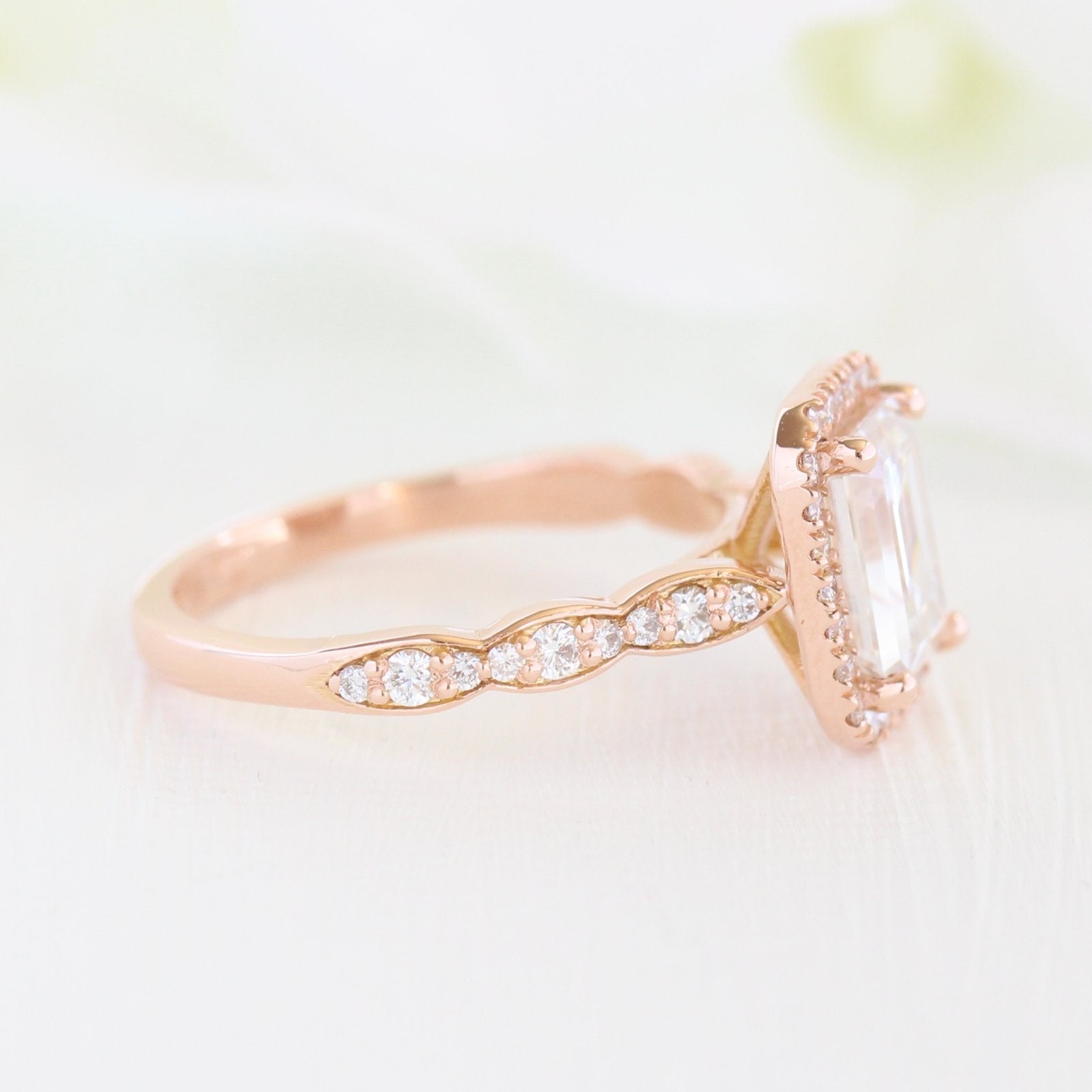 1.60 CT Emerald Cut Moissanite Halo Engagement Ring