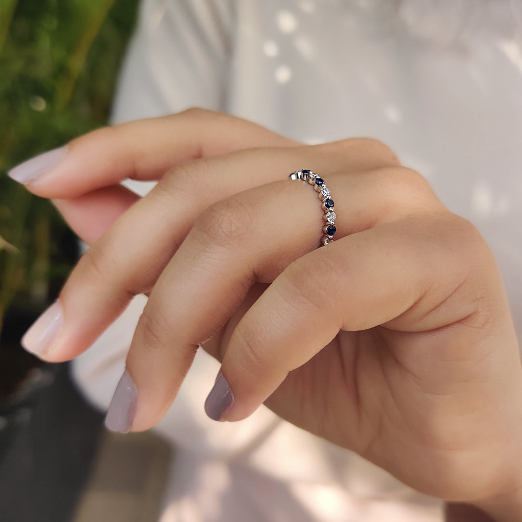 Round Cut Blue Diamond and Blue Sapphire Eternity Band