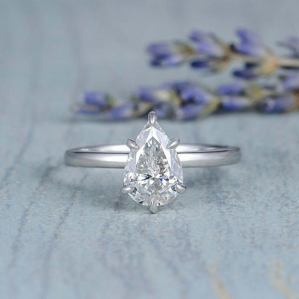 2.50CT Pear Moissanite Solitaire Engagement Ring With Hidden Halo Setting