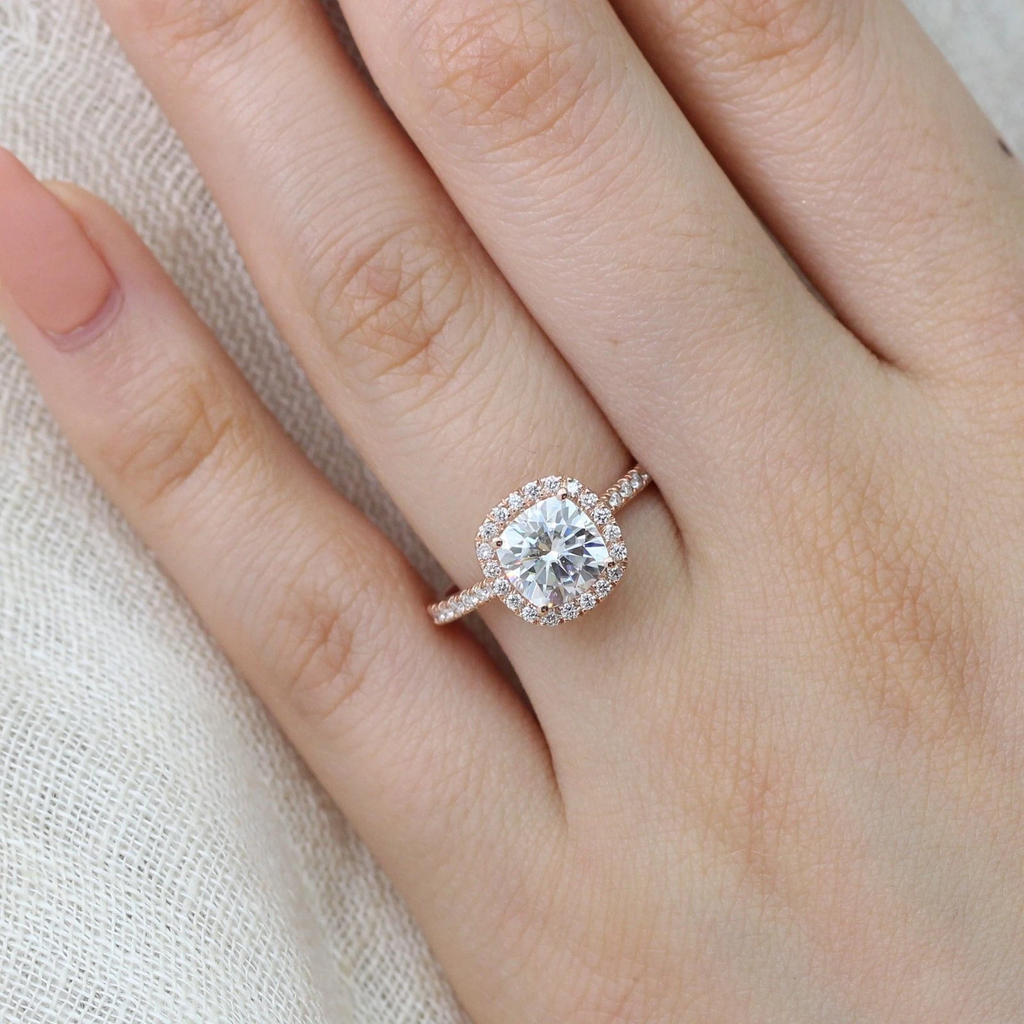 1.65CT Cushion Cut Moissanite Halo Engagement Ring