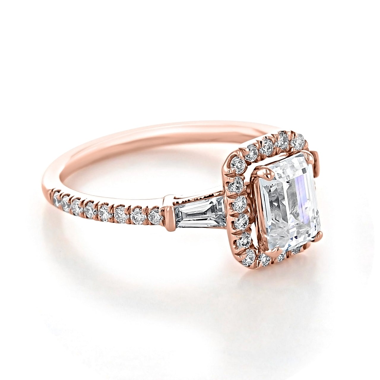 1.60ct Emerald Cut Moissanite Halo 4 Prong Engagement Ring