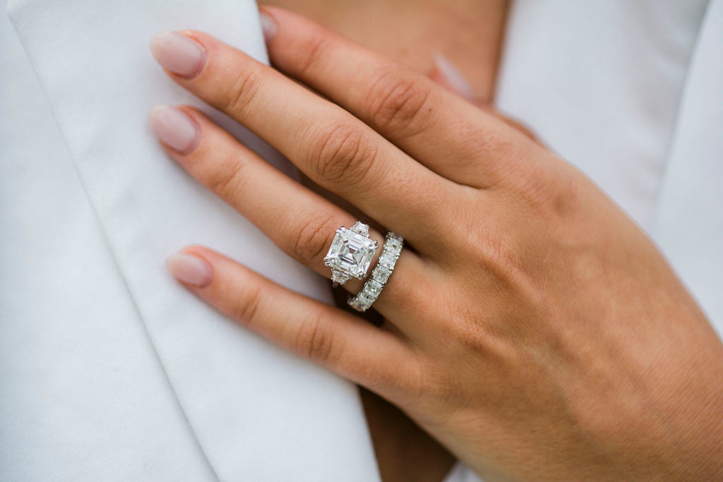4.10 CT Asscher Cut Moissanite Three Stones Engagement Ring