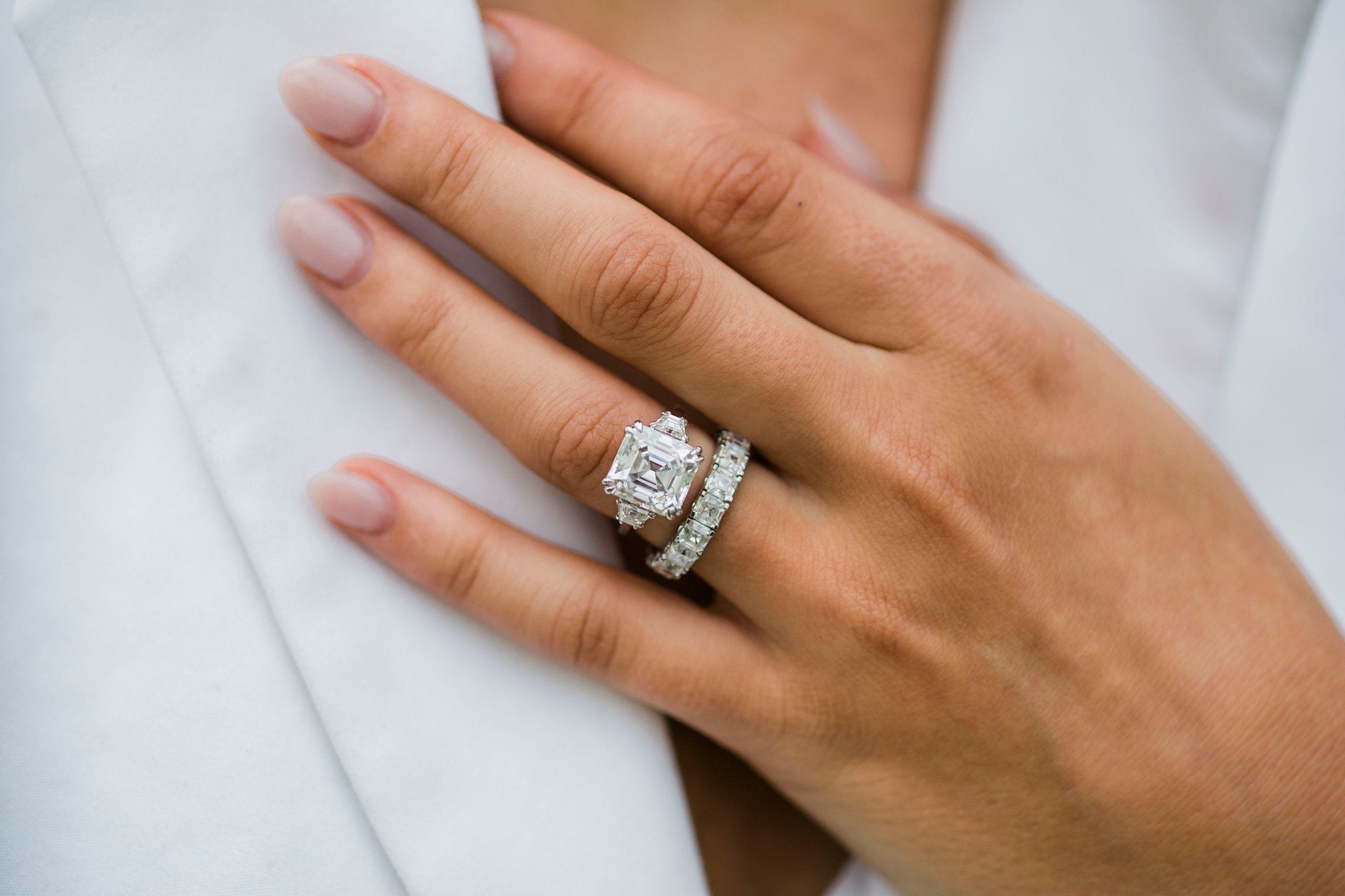 4.10 CT Asscher Cut Moissanite Three Stones Engagement Ring