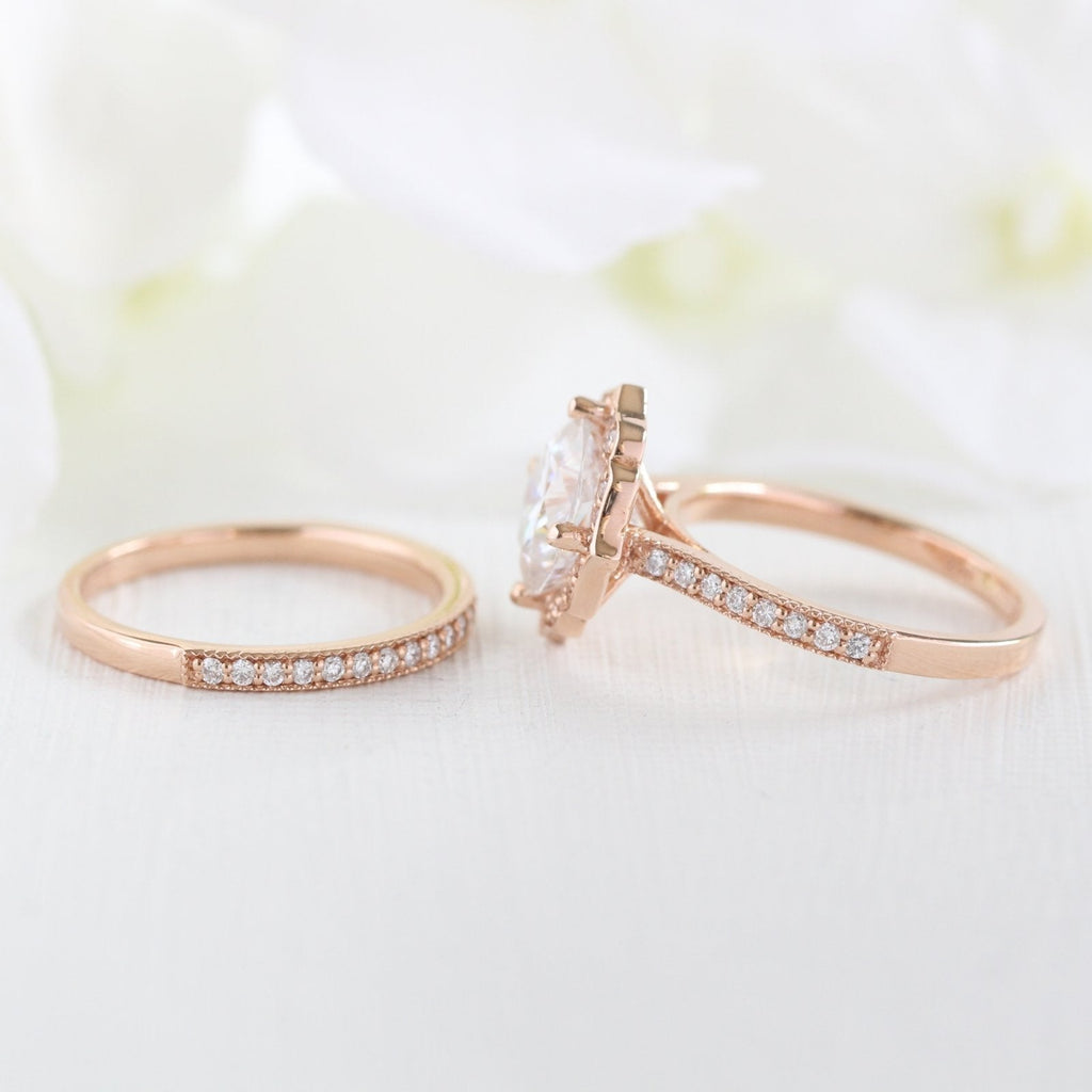 2.30CT Cushion Moissanite Vintage Halo Bridal Ring Set