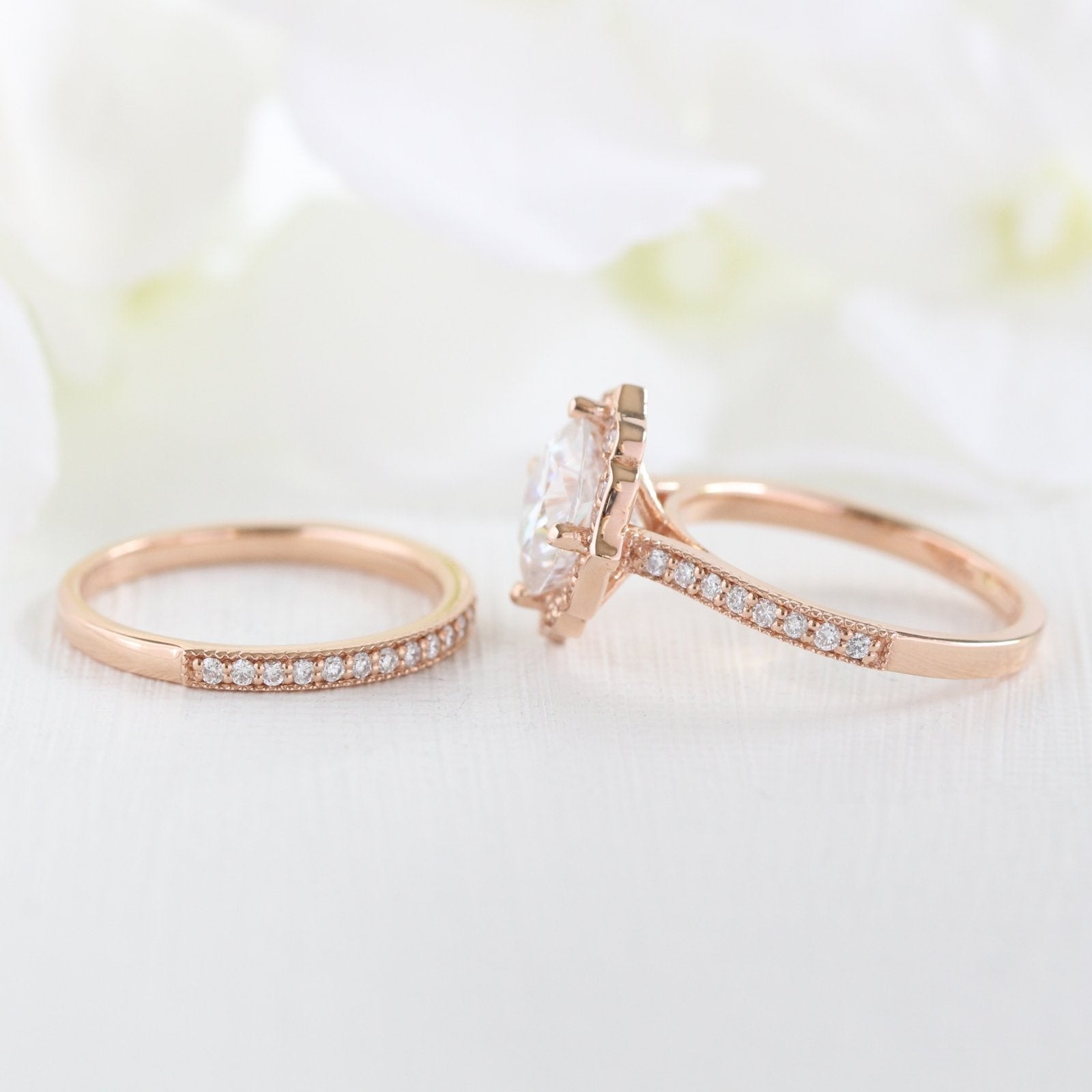 2.30CT Cushion Moissanite Vintage Halo Bridal Ring Set