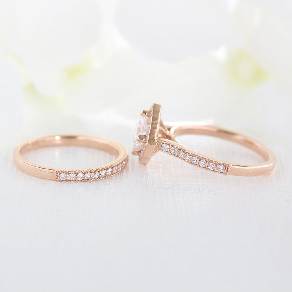 1.0CT Cushion Cut Moissanite Halo Bridal Ring Set
