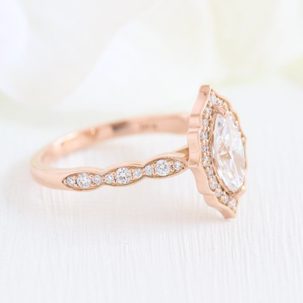 1.0 CT Vintage Floral Marquis Cut Diamond Moissanite Halo Engagement Ring