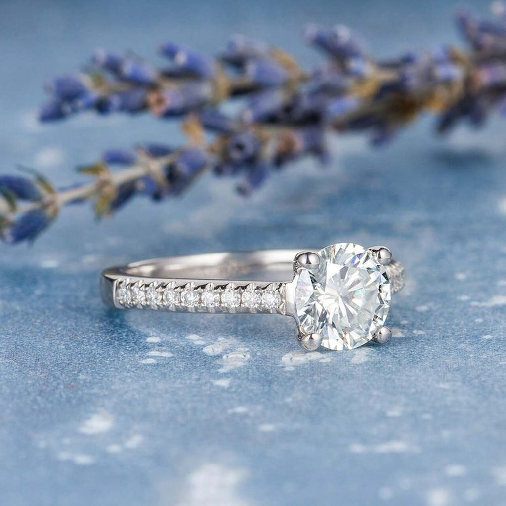 1.50CT Round Moissanite Solitaire Pave Setting Engagement Ring