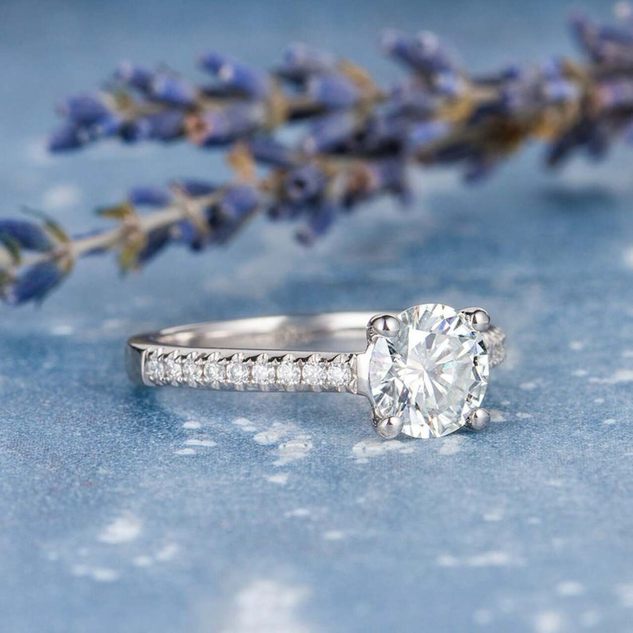 1.50CT Round Moissanite Solitaire Pave Setting Engagement Ring
