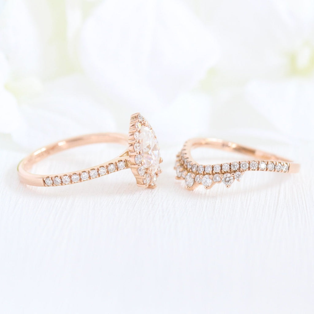1.0CT Pear Cut Moissanite Halo Bridal Ring Set