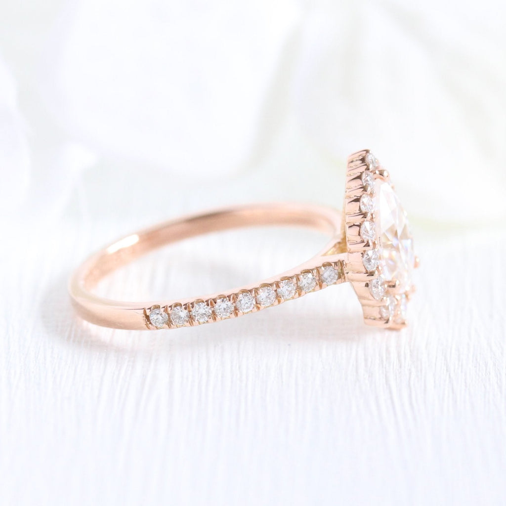 1.0 CT Pear Halo Style Pave Setting Moissanite Engagement Ring