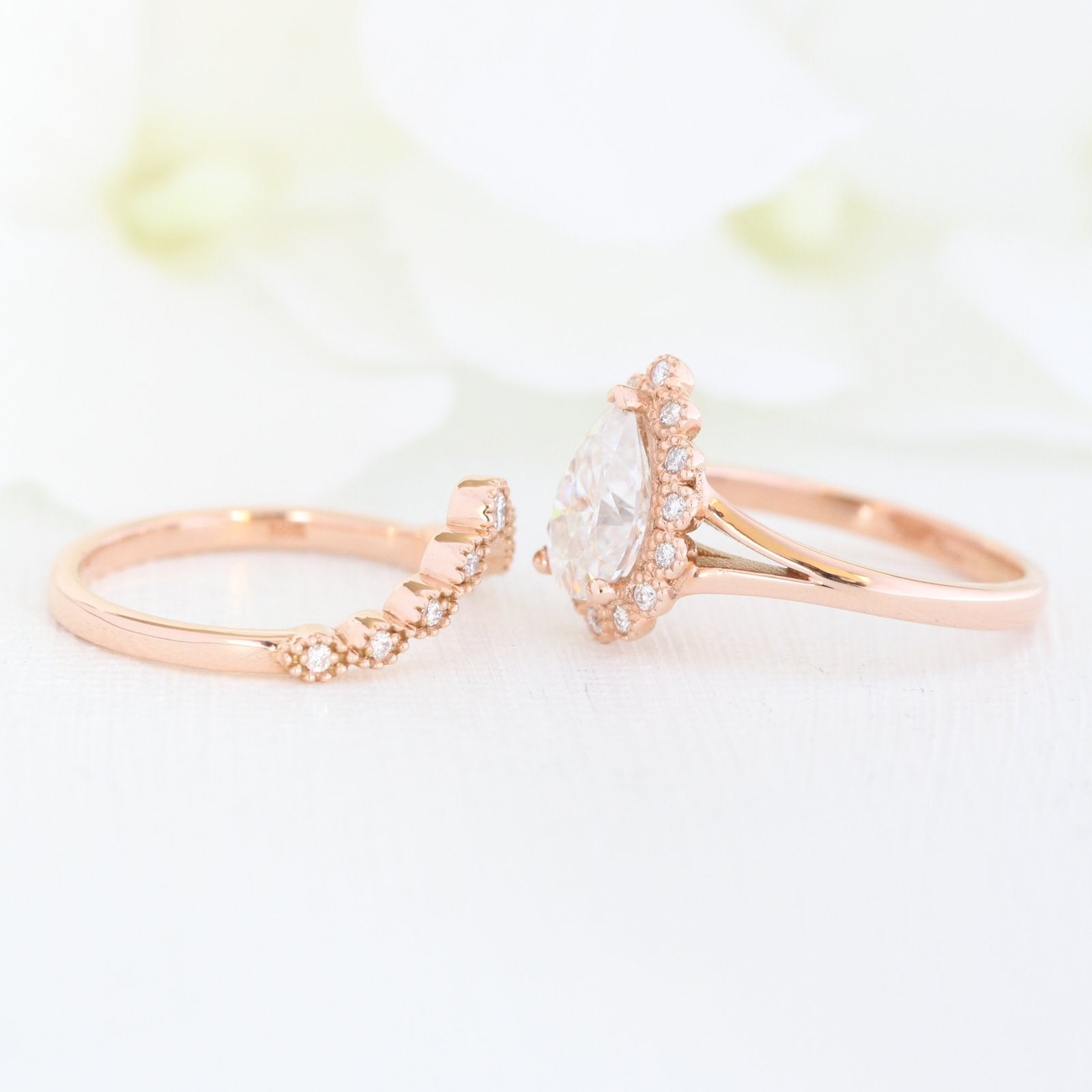 1.50CT Pear Cut Moissanite Halo Bridal Ring Set