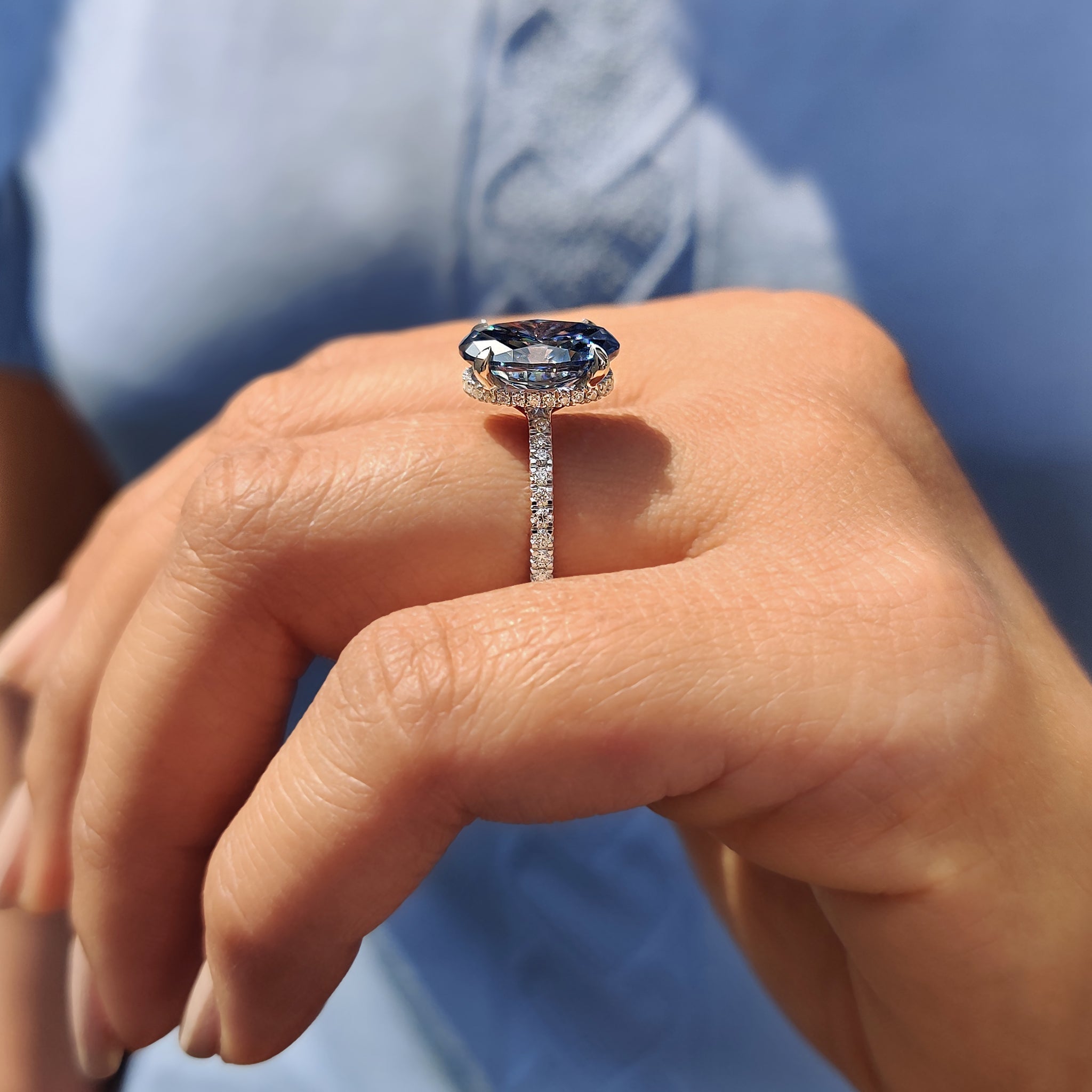 Royal Dark Blue Oval Hidden Halo Engagement Ring