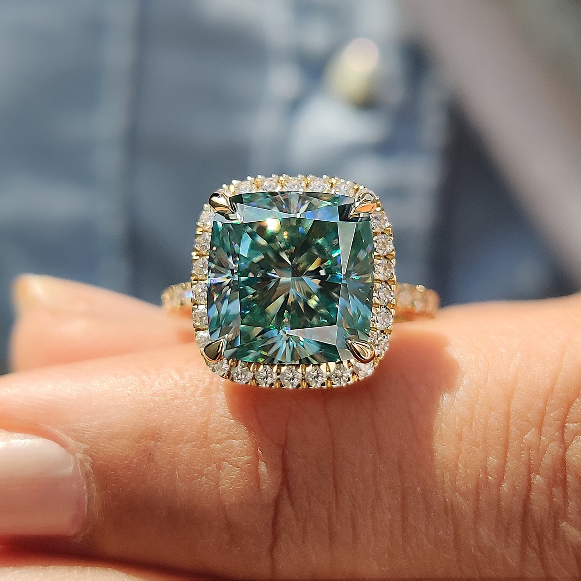 Cyan Blue Cushion Ring With Halo Setting