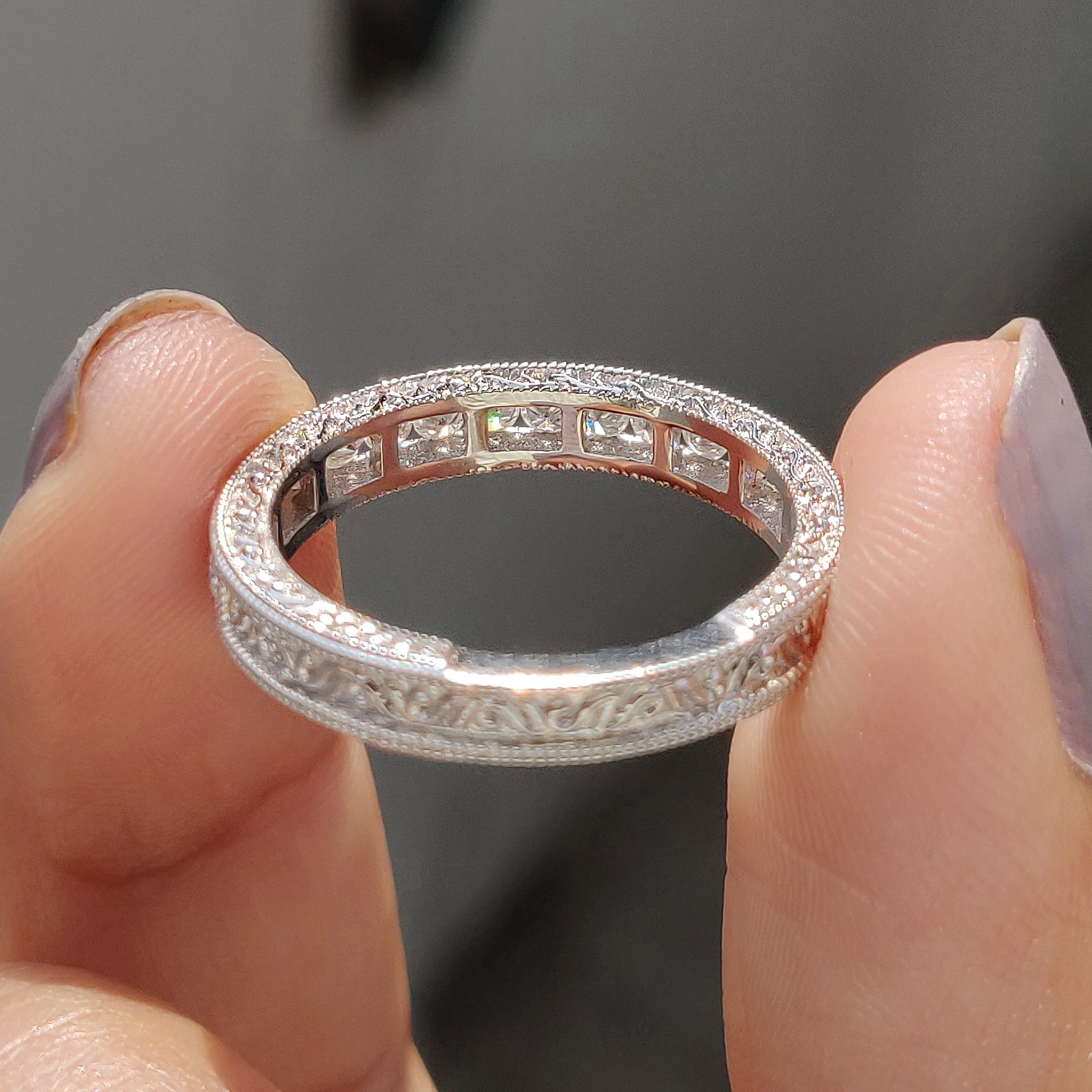 Art Deco Wedding Ring With Round Cut Milgrain Setting