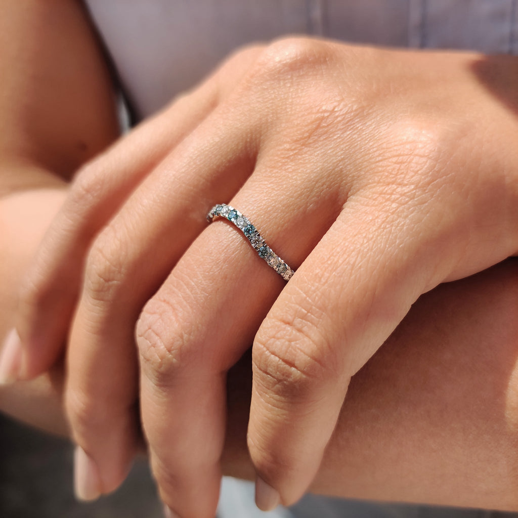 Curved Wedding Band With Round Cut Cyan Blue Stone