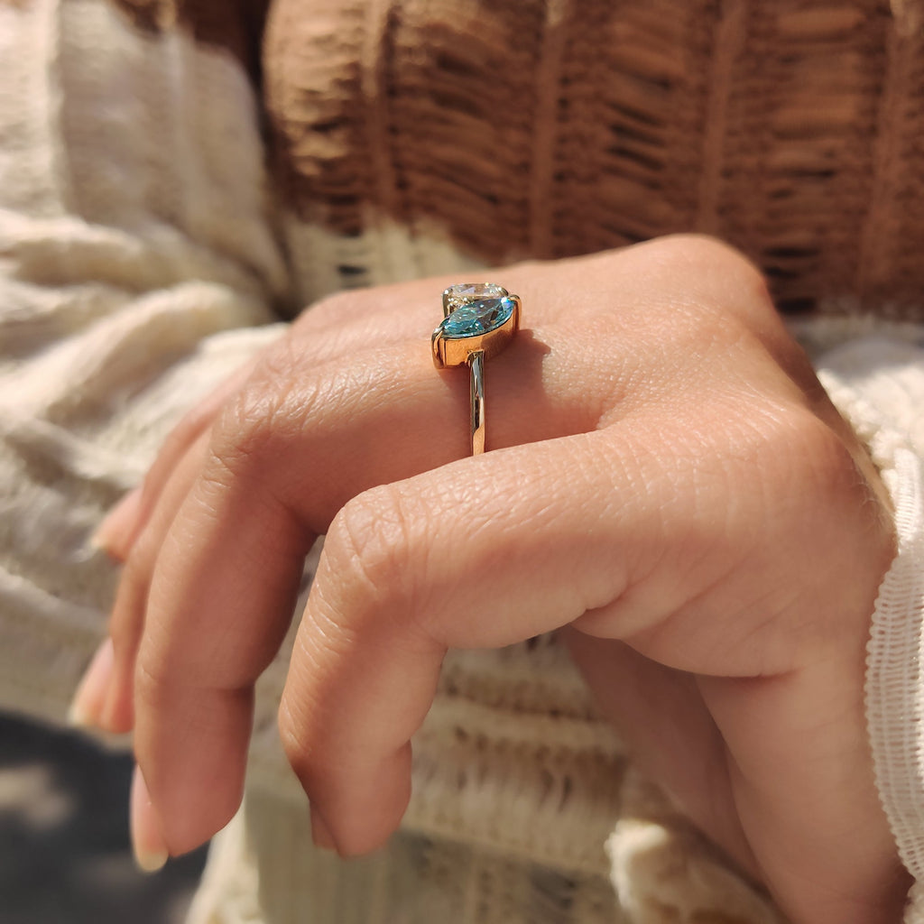 Three Stone Moissanite Ring In Marquise And Round Cut