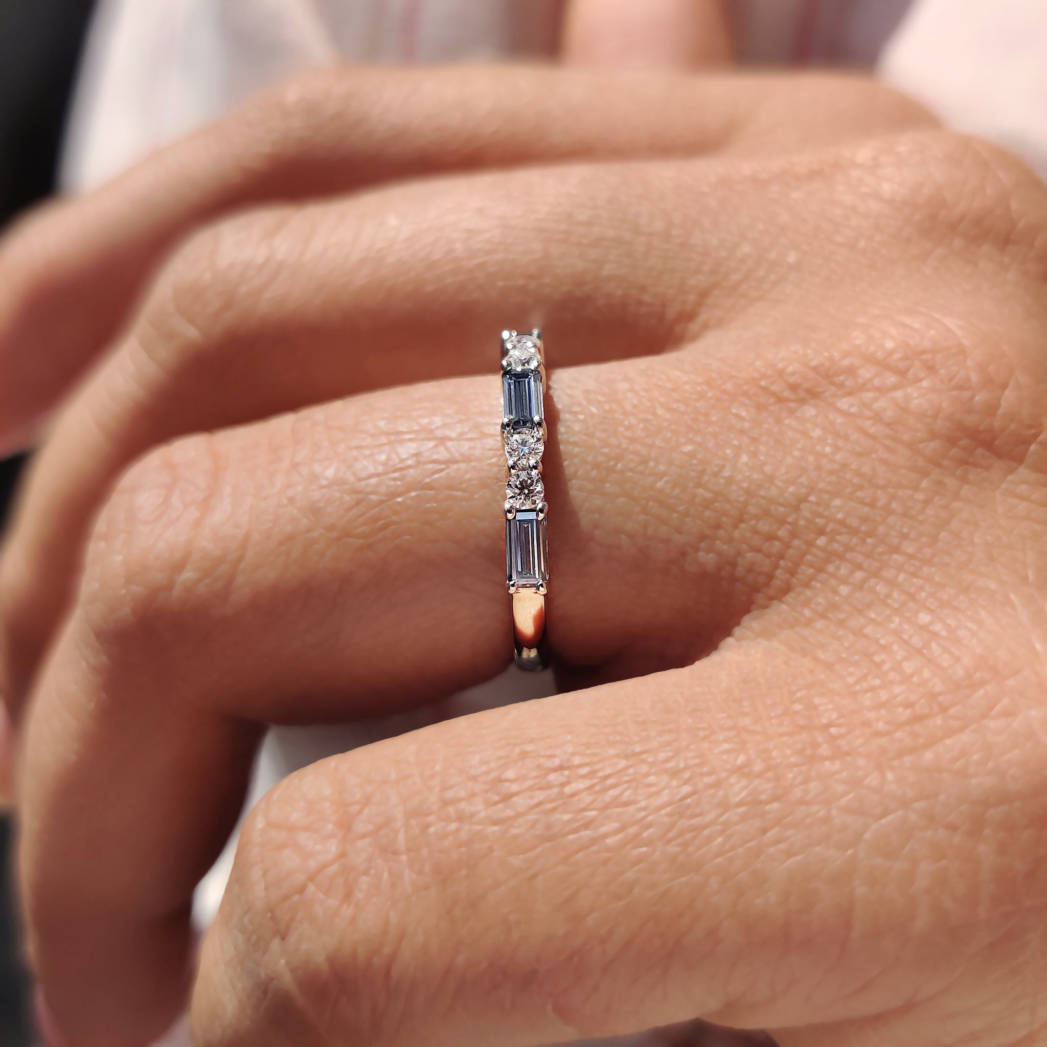 Blue Moissanite Baguette Cut Half Eternity Band