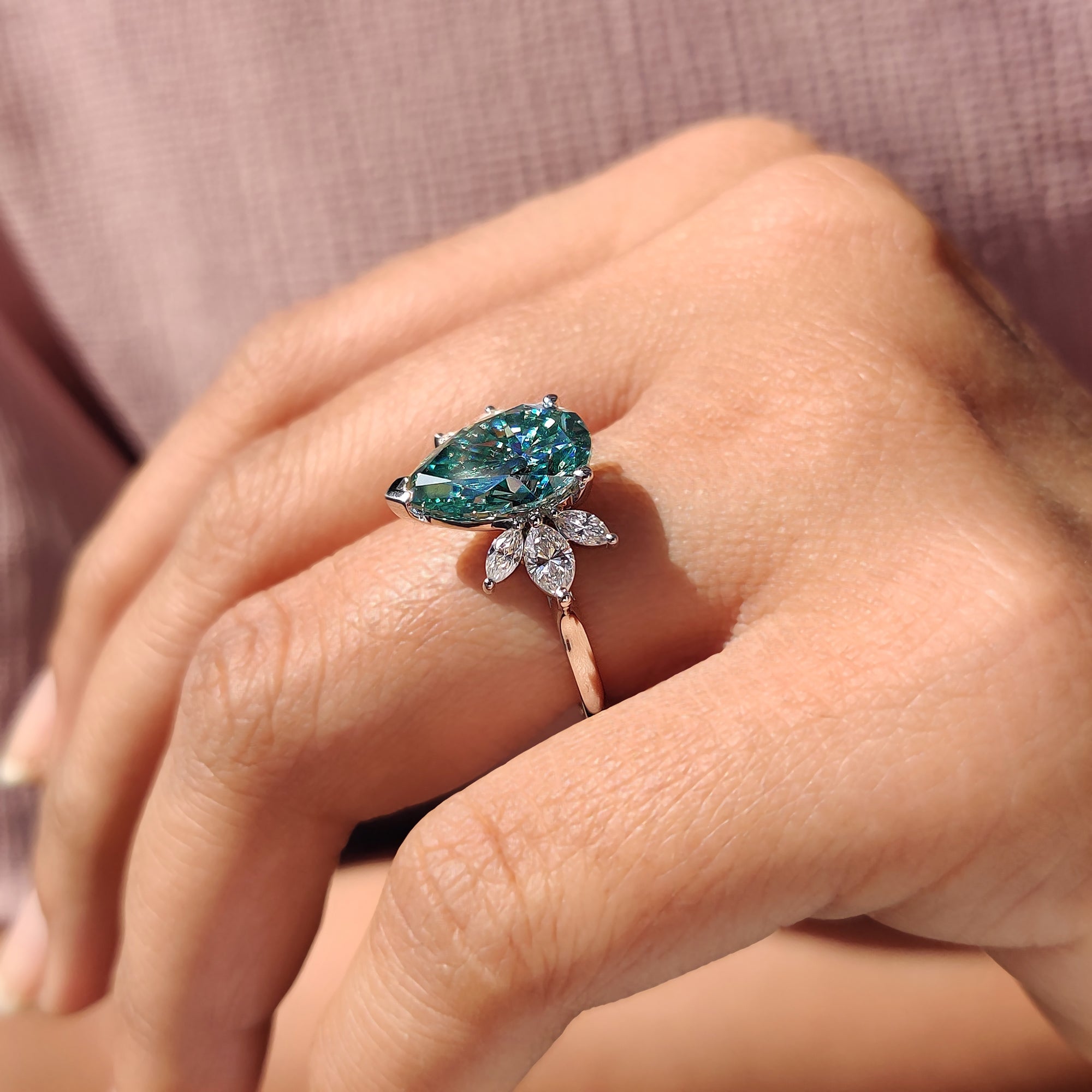 Pear Cyan Blue Engagement Ring With Muse Style