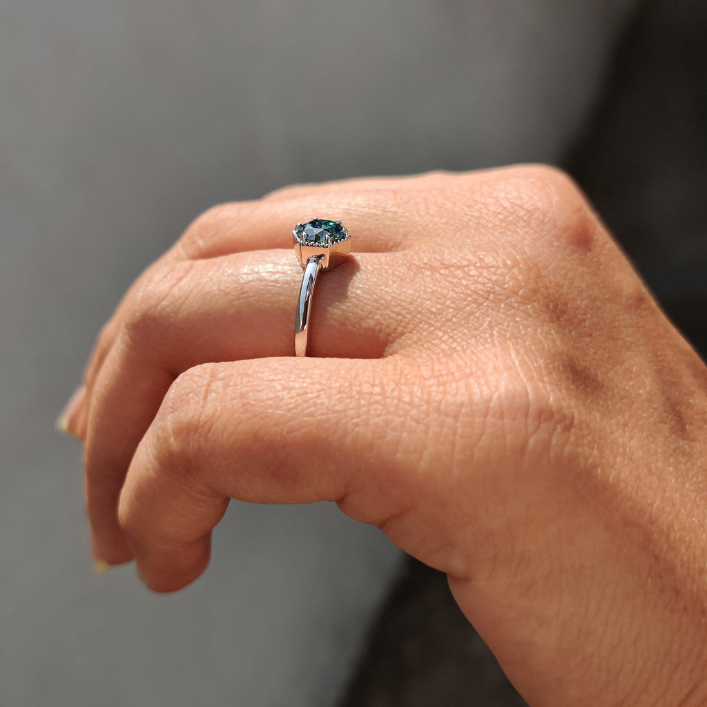 Solitaire Round Engagement Ring In Hexagon Framed