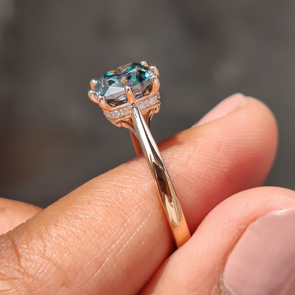 Cushion Cut Engagement Ring with hidden halo setting
