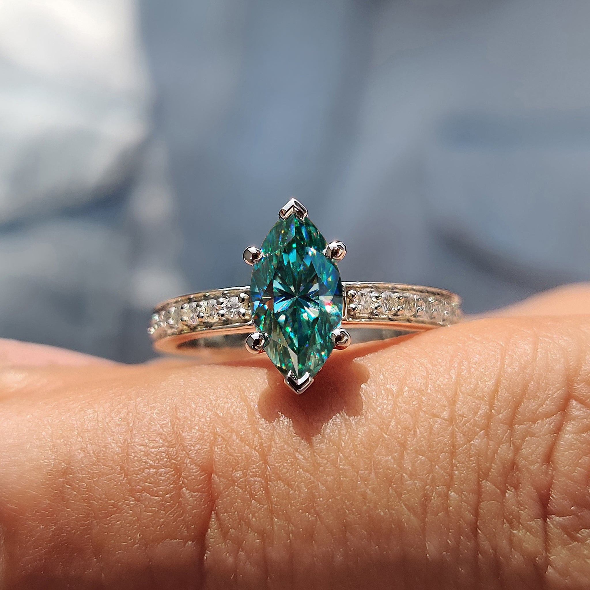 Cyan Blue Marquise Moissanite Ring With Pave Band Main image
