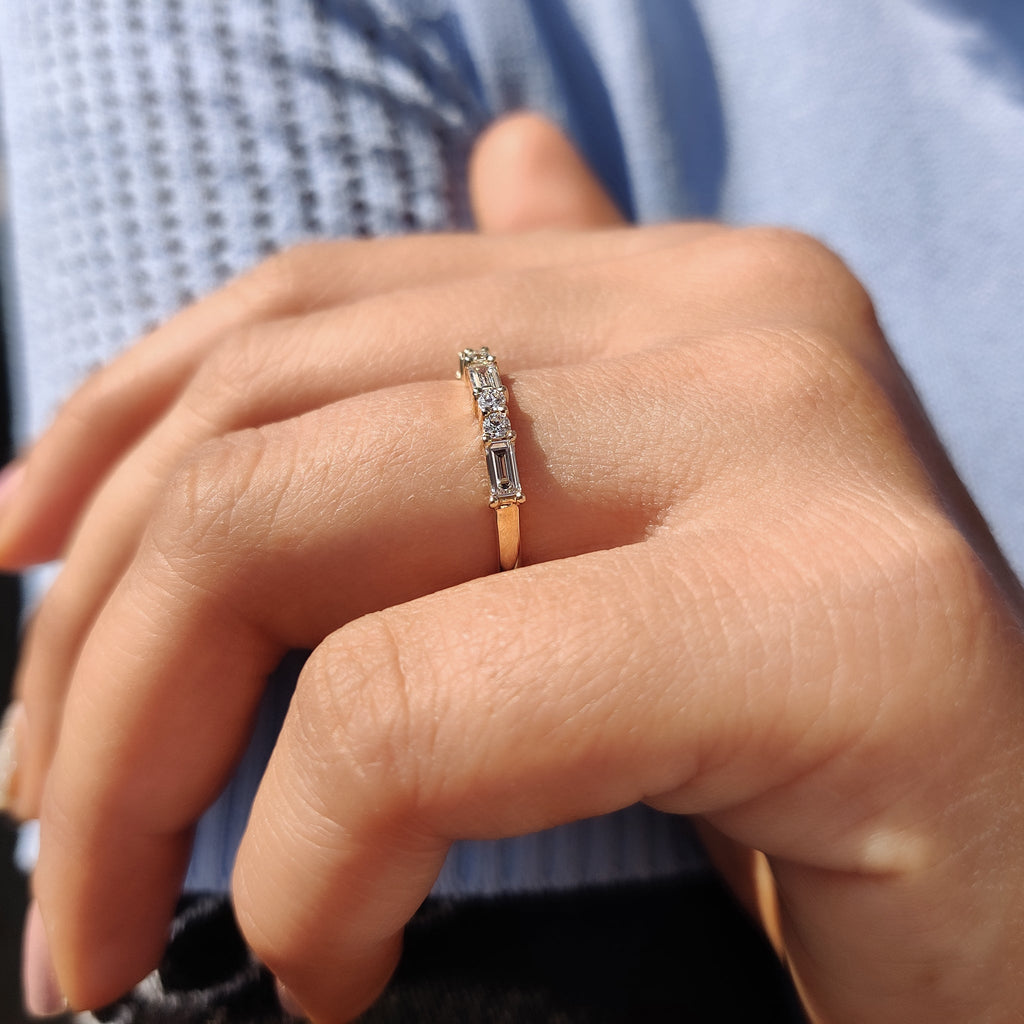 Round And Baguette Diamond Wedding Band In Half Eternity Style