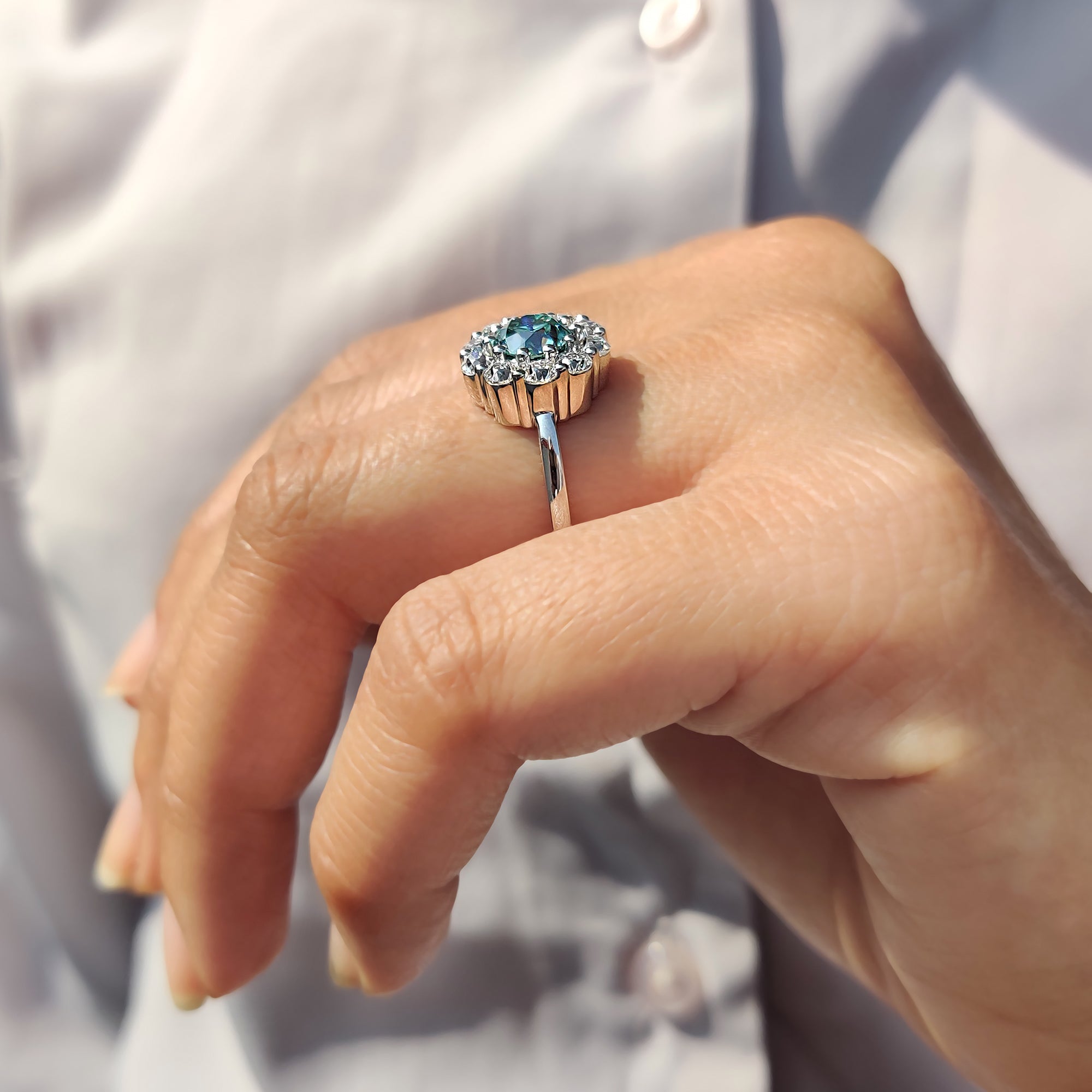 Cluster Engagement Ring With Round OEC Cut Moissanite