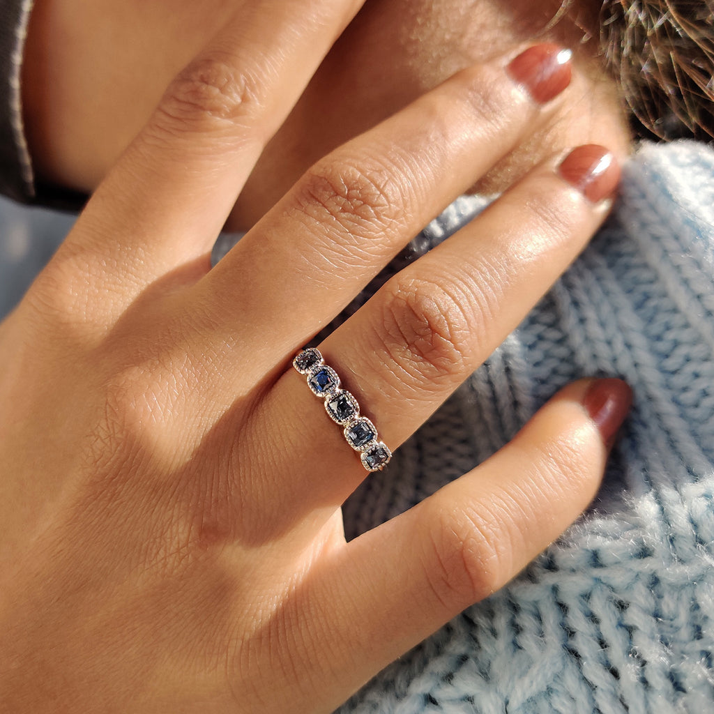 Royal Dark Blue Stone French Cut Half Eternity Wedding Band