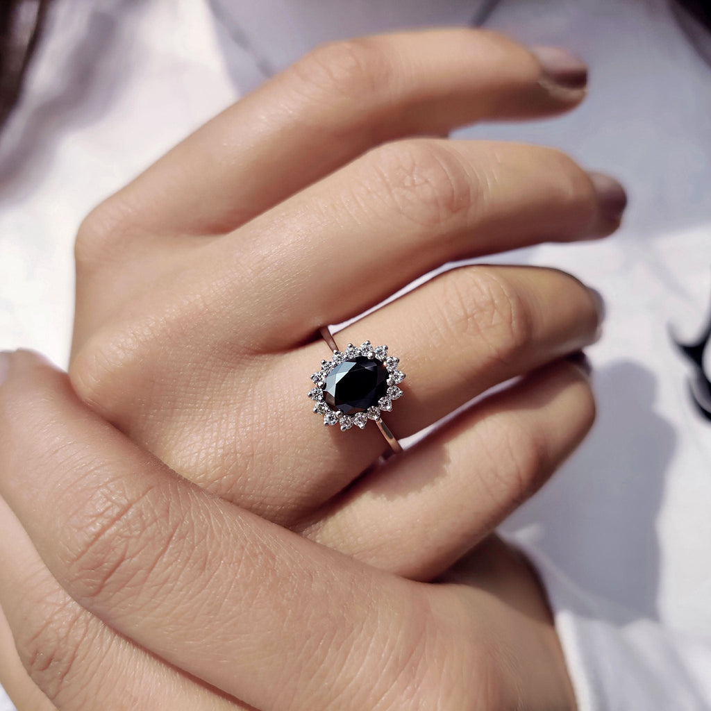 Tapered Shank Black Oval Engagement Ring