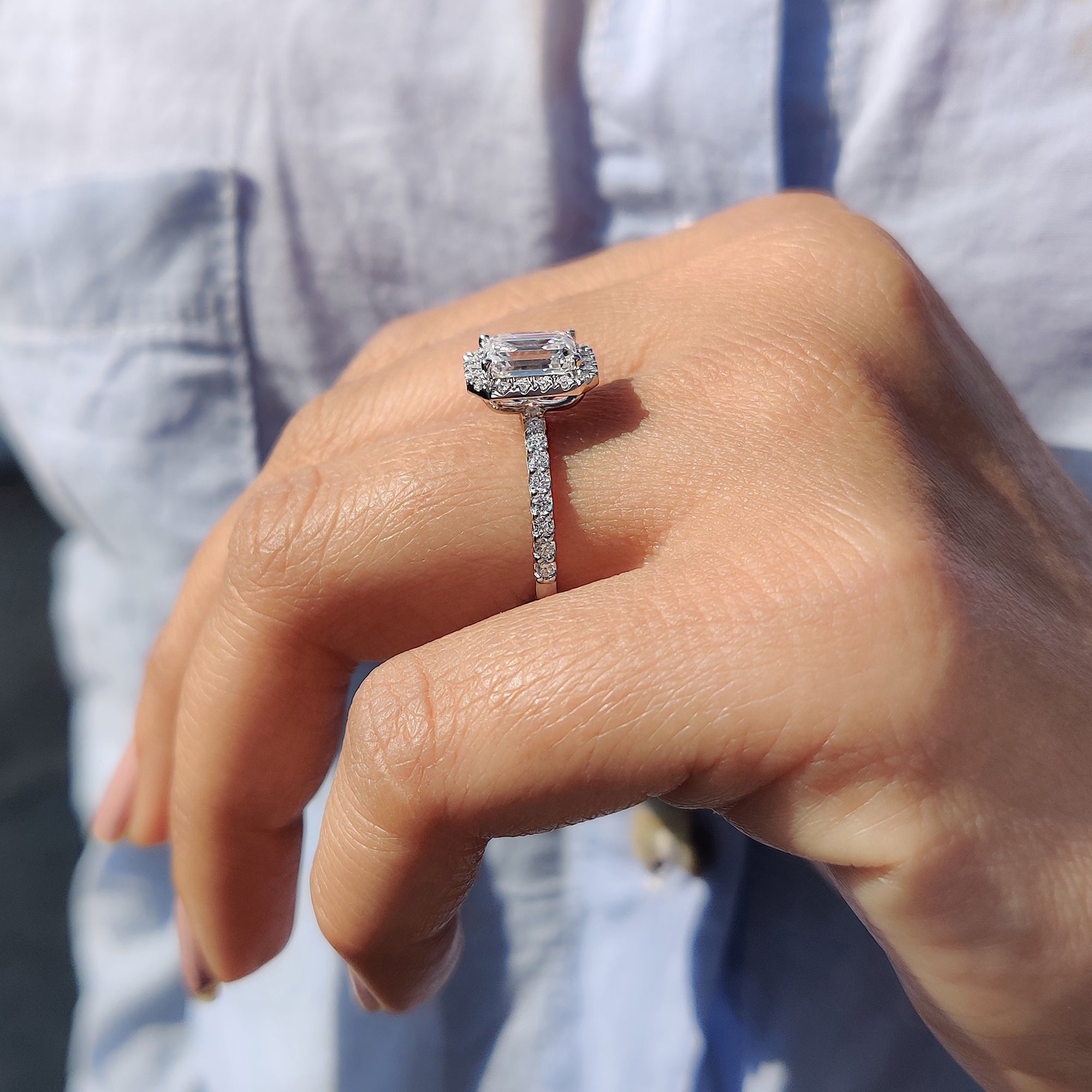 Emerald cut halo ring In Round Cut Pave Band
