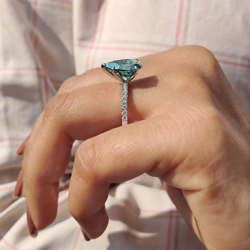 Green Moissanite Pear Ring With Pave Band