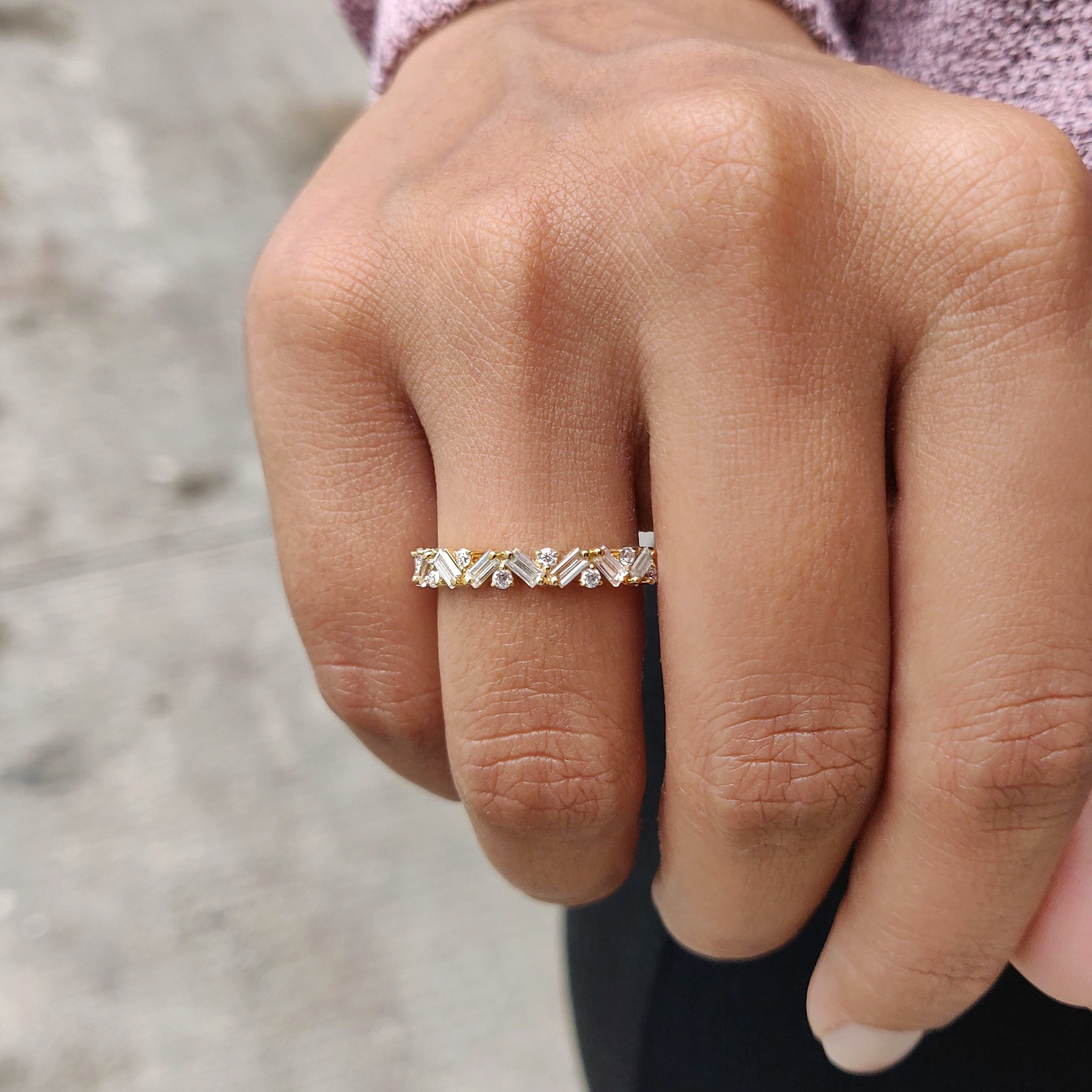 Baguette And Round Wedding Band In Zig Zag Style