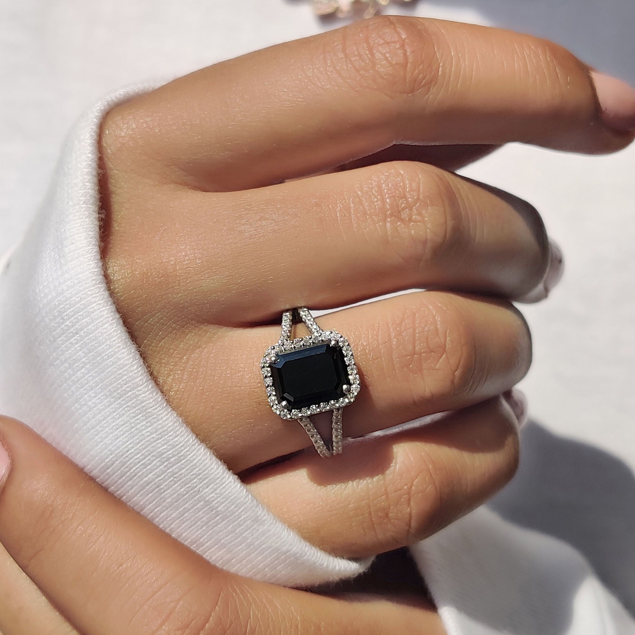 Halo Setting Black Gold Emerald Ring