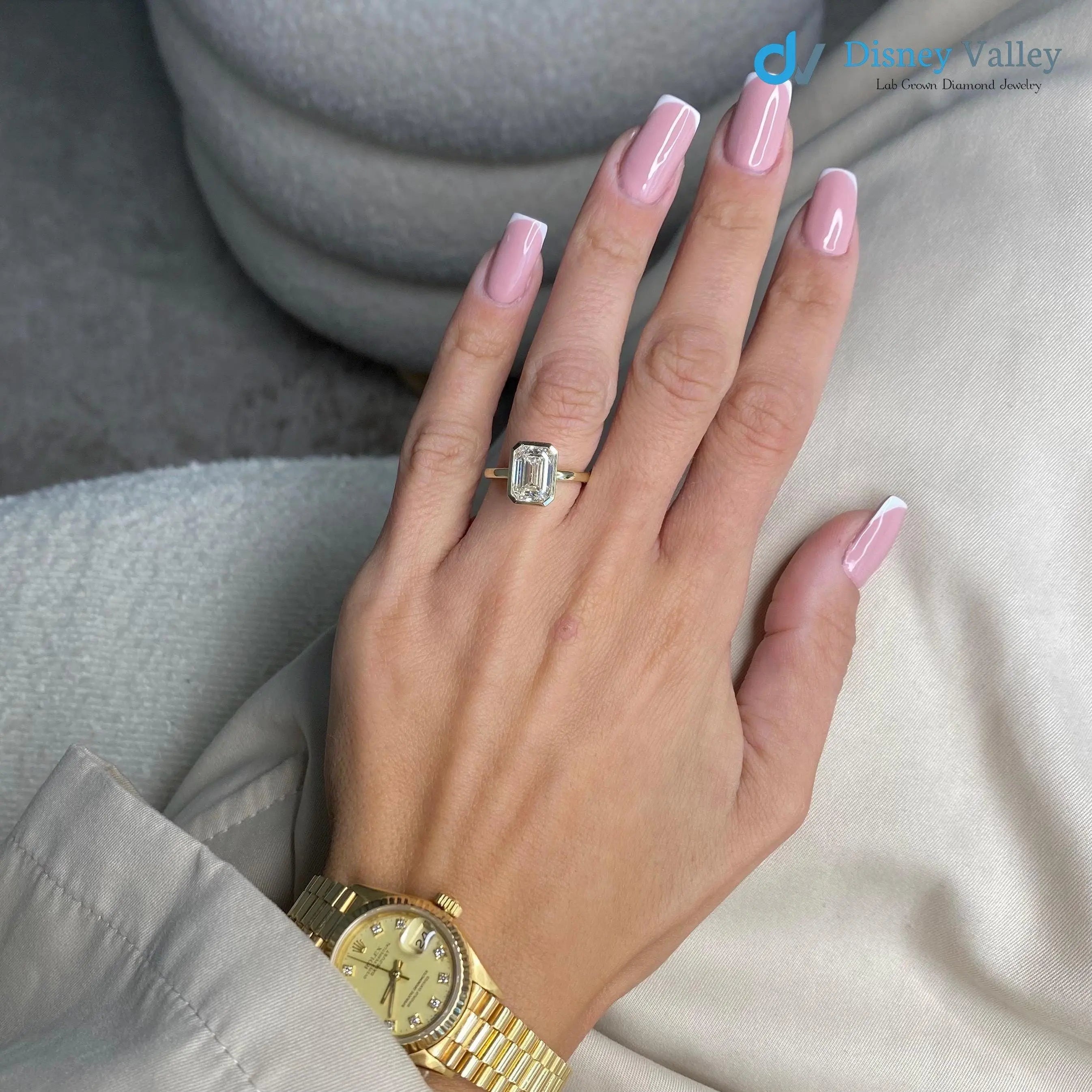 3 Carat D-VVS2 Emerald Cut Lab Grown Diamond Bezel Set Solitaire Engagement Ring - DisneyValley