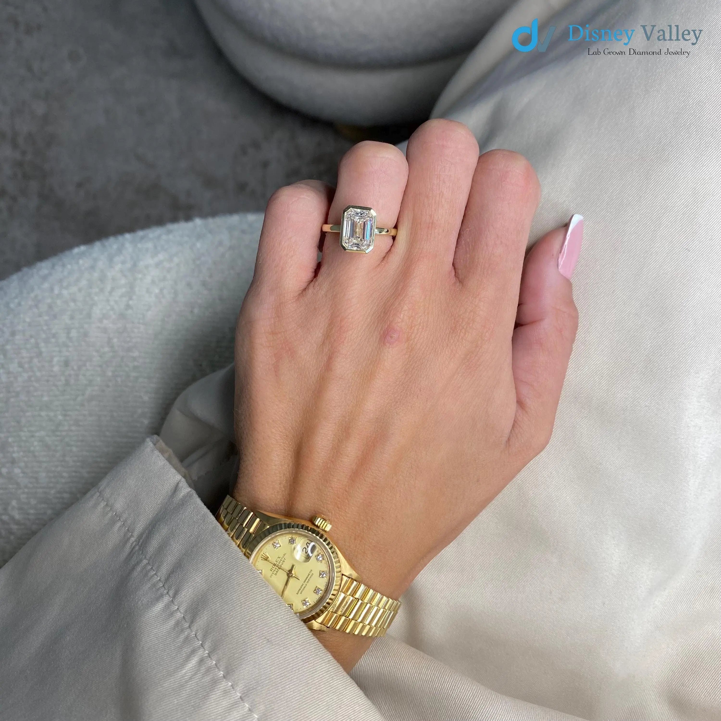 3 Carat D-VVS2 Emerald Cut Lab Grown Diamond Bezel Set Solitaire Engagement Ring - DisneyValley