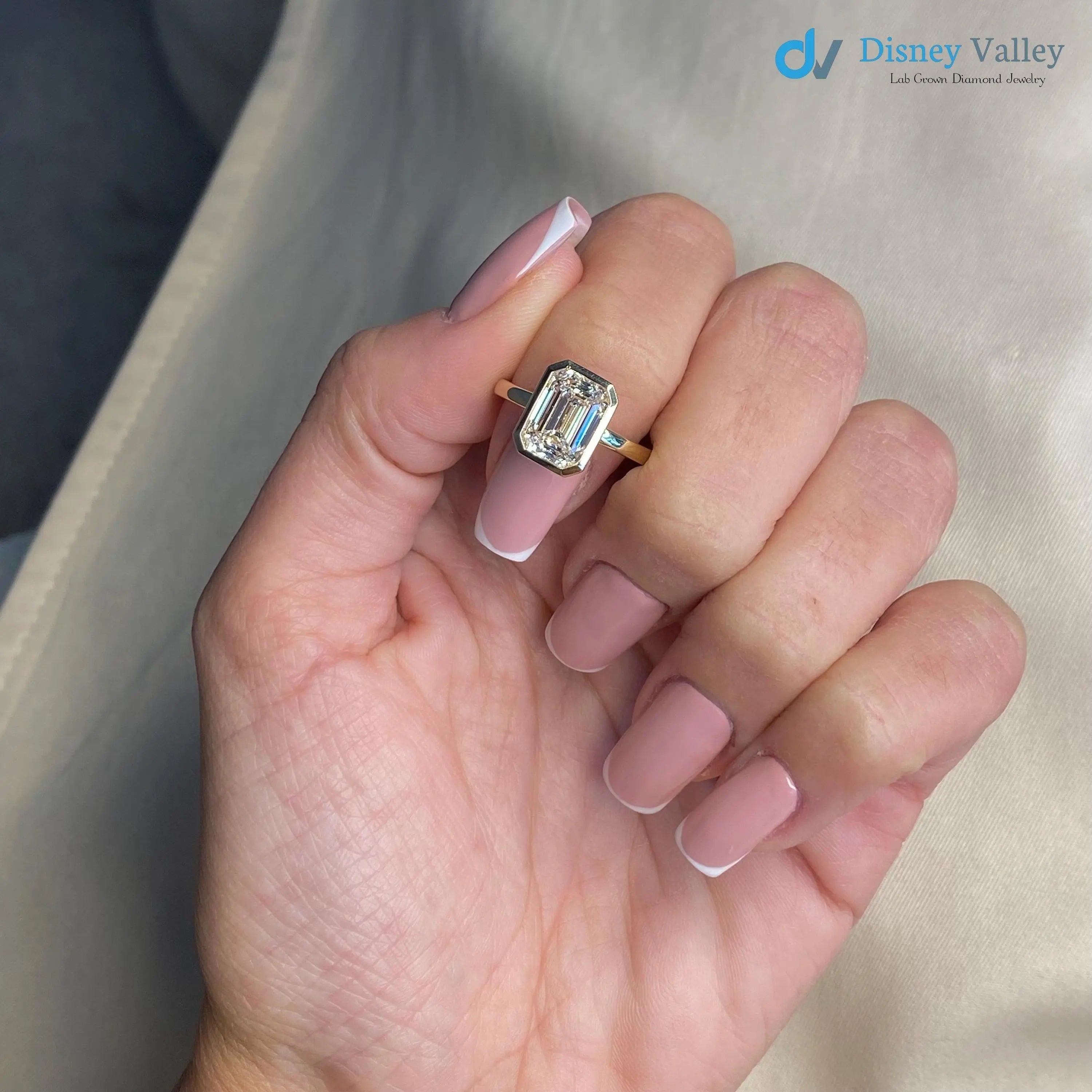 3 Carat D-VVS2 Emerald Cut Lab Grown Diamond Bezel Set Solitaire Engagement Ring - DisneyValley