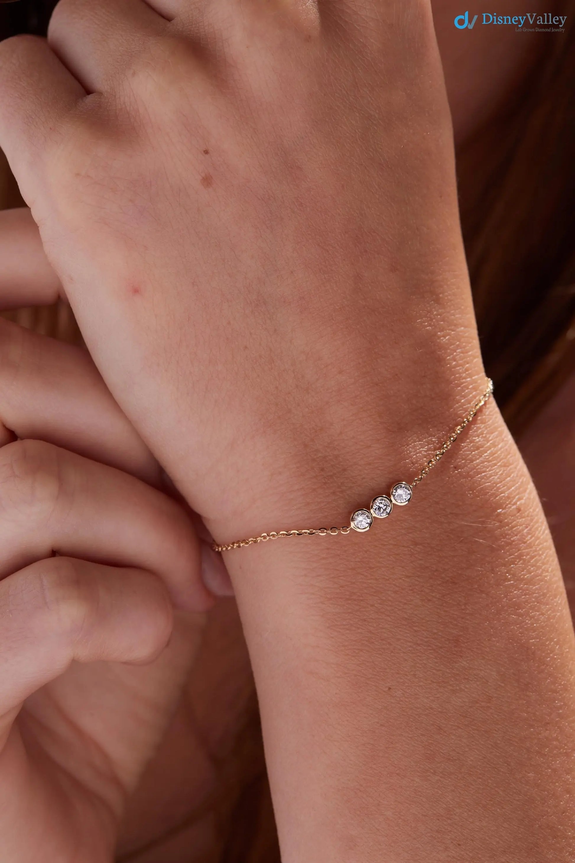 3 Stone Bezel Set Lab Grown Diamond Bracelet Minimalist bracelets - DisneyValley