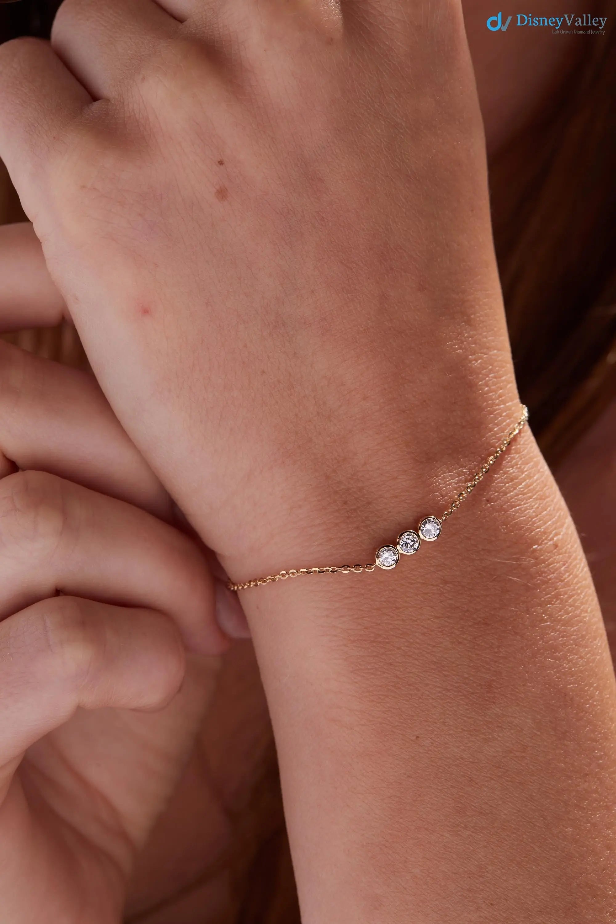 3 Stone Bezel Set Lab Grown Diamond Bracelet Minimalist bracelets - DisneyValley