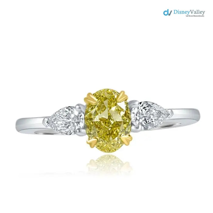 3 Stone GIA 1.34 TCW Fancy Intense Yellow Oval Diamond Engagement Ring - DisneyValley Hauptbild