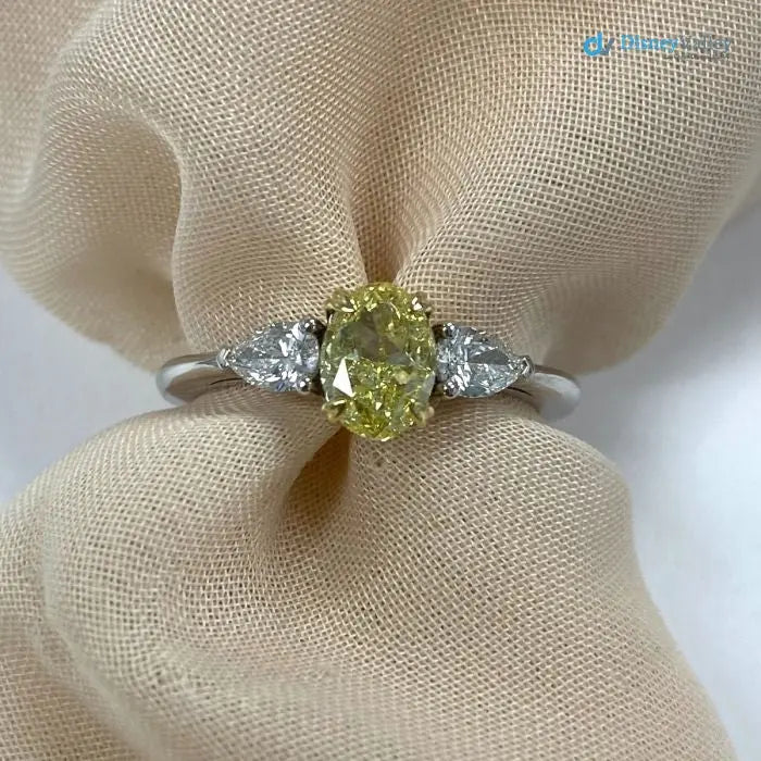 3 Stone GIA 1.34 TCW Fancy Intense Yellow Oval Diamond Engagement Ring - DisneyValley