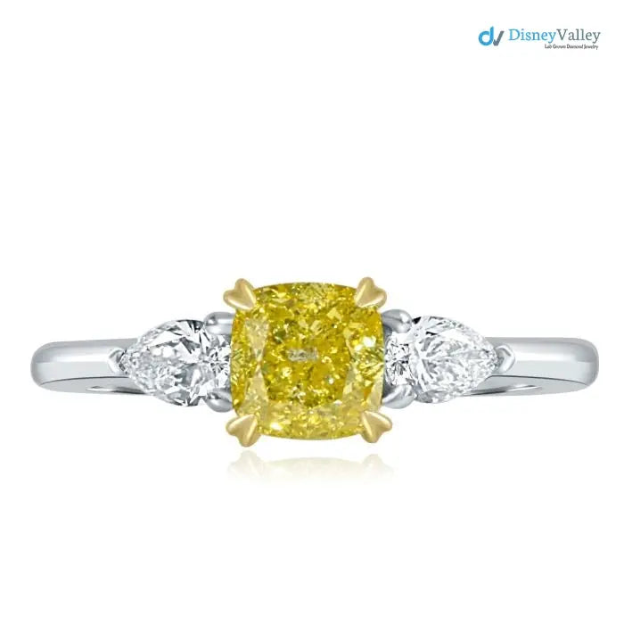 3 Stone GIA 1.41 TCW Fancy Intense Yellow Cushion Diamond Engagement Ring - DisneyValley Imagen principal del producto