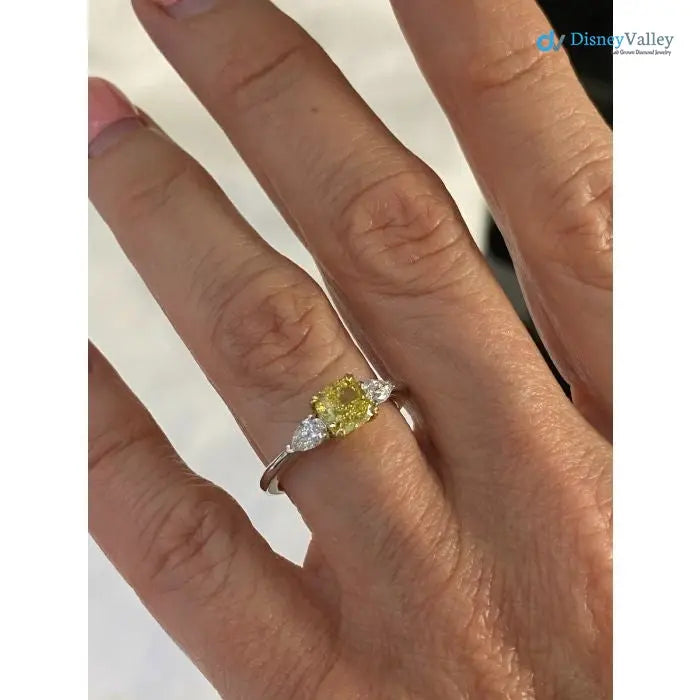 3 Stone GIA 1.41 TCW Fancy Intense Yellow Cushion Diamond Engagement Ring - DisneyValley