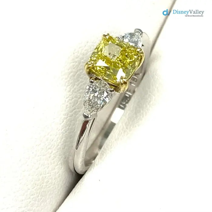3 Stone GIA 1.41 TCW Fancy Intense Yellow Cushion Diamond Engagement Ring - DisneyValley