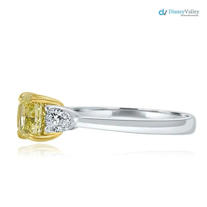 3 Stone GIA 1.41 TCW Fancy Intense Yellow Cushion Diamond Engagement Ring - DisneyValley