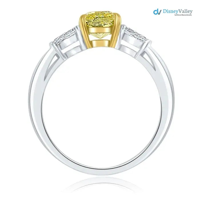 3 Stone GIA 1.41 TCW Fancy Intense Yellow Cushion Diamond Engagement Ring - DisneyValley