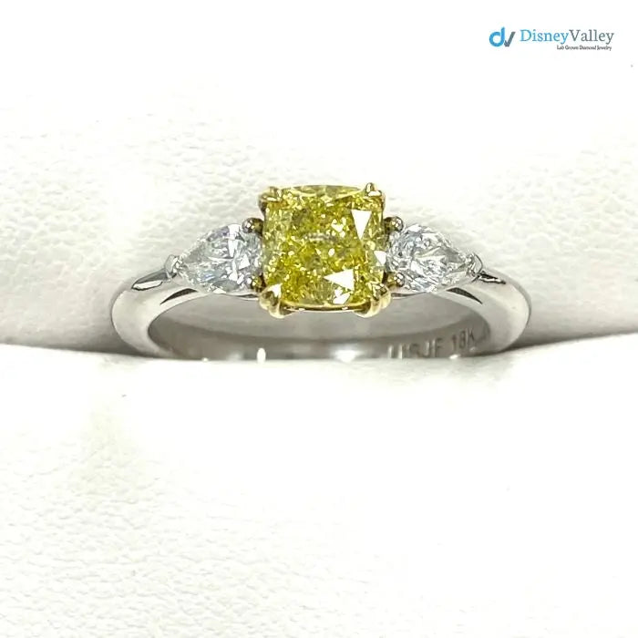 3 Stone GIA 1.41 TCW Fancy Intense Yellow Cushion Diamond Engagement Ring - DisneyValley
