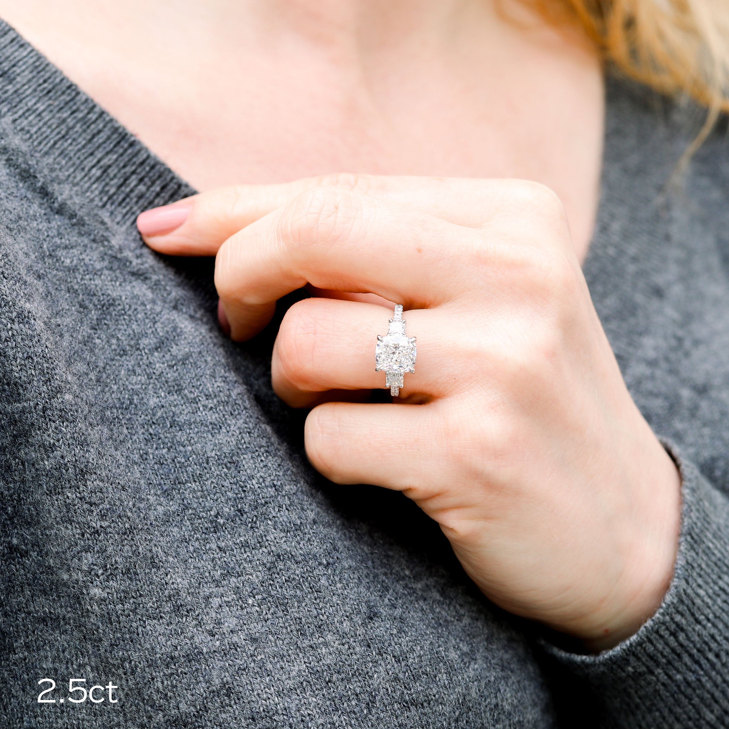 2.50 CT Cushion Moissanite Three Stones Pave Setting Engagement Ring