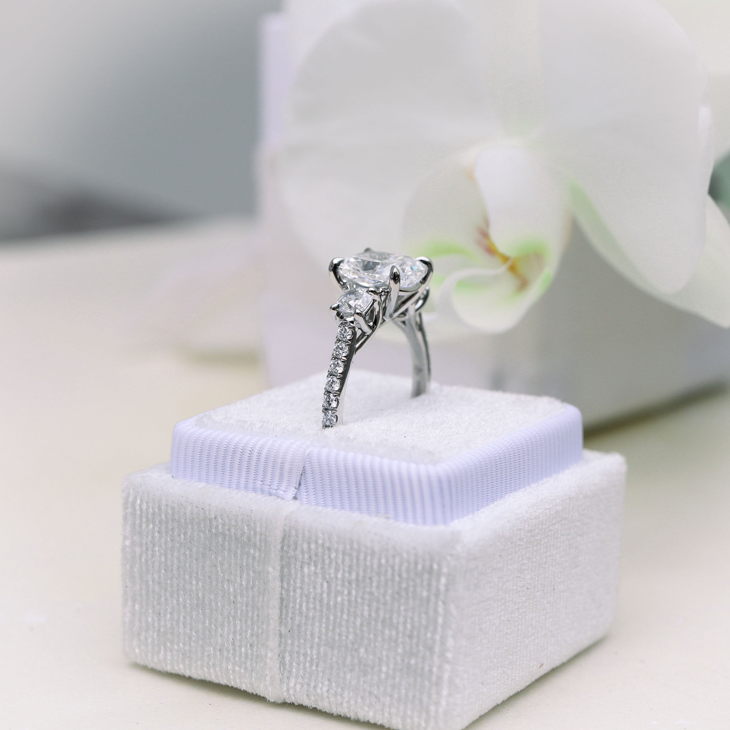 2.50 CT Cushion Moissanite Three Stones Pave Setting Engagement Ring