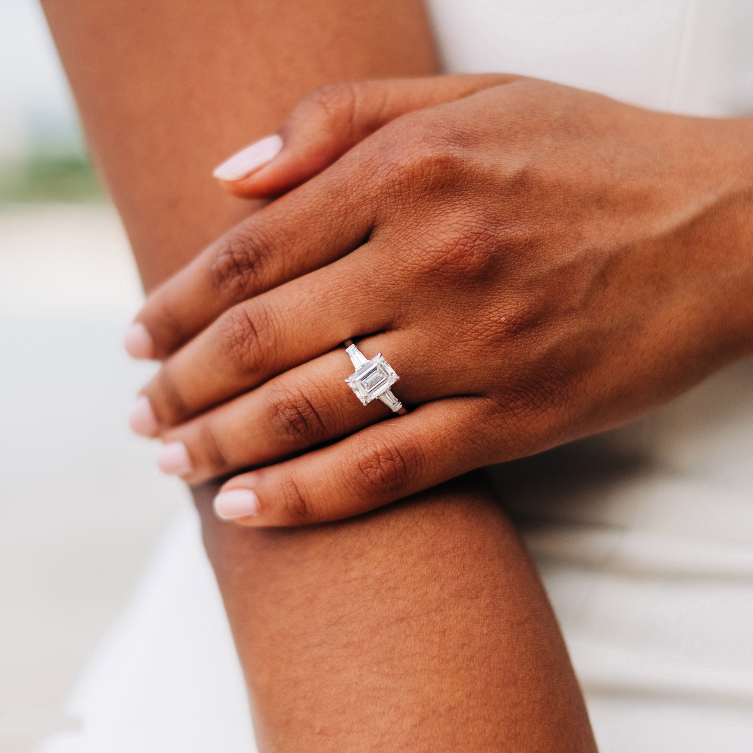 3.0 CT Emerald Cut Moissanite Three Stones Engagement Ring